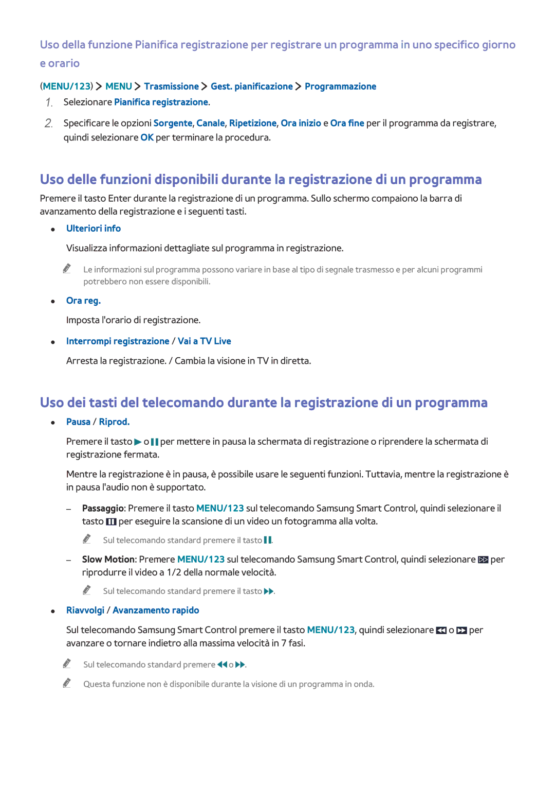 Samsung UE48JU6430UXZG Ulteriori info, Ora reg, Imposta lorario di registrazione, Interrompi registrazione / Vai a TV Live 