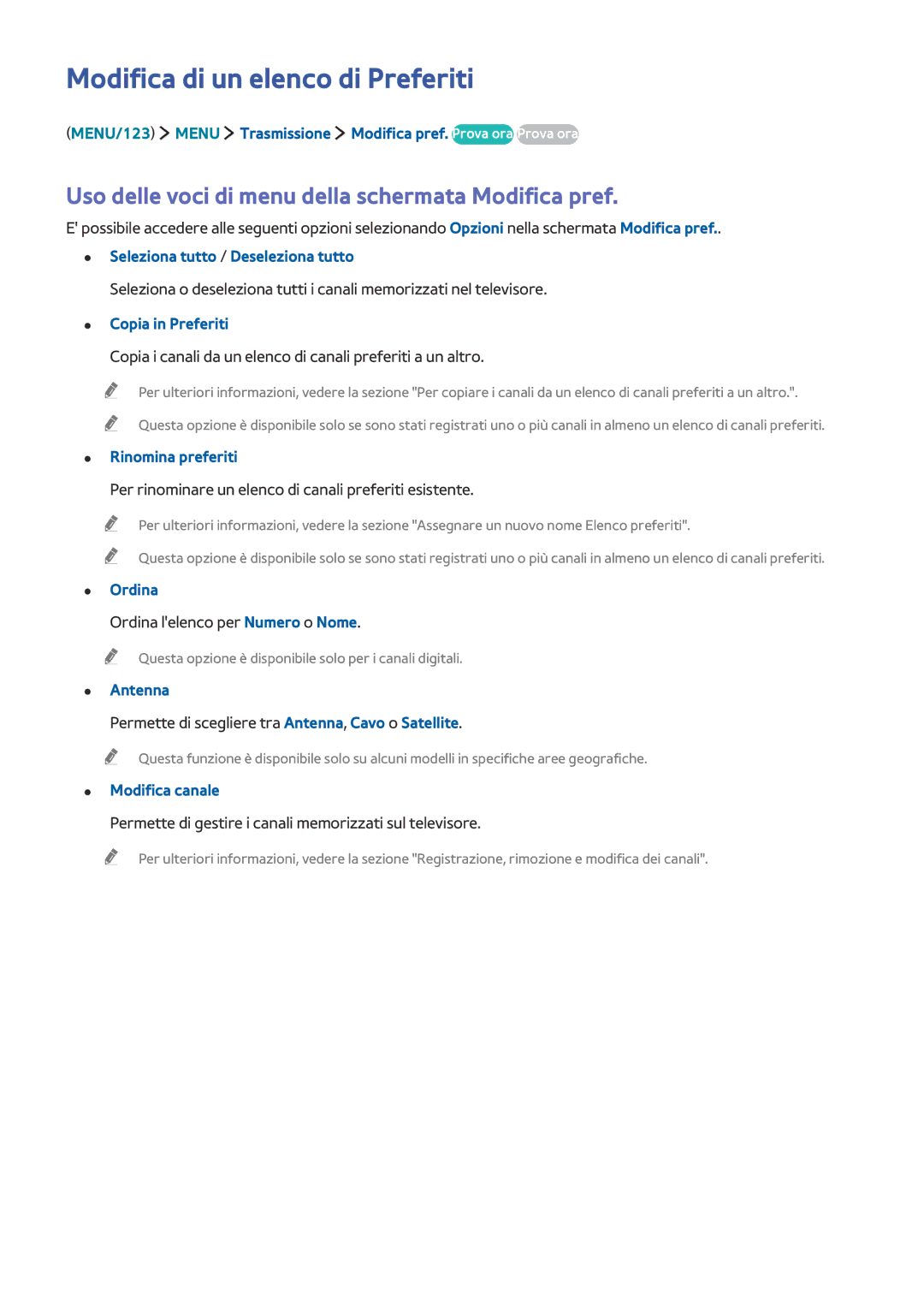 Samsung UE65JU6000WXXH manual Modifica di un elenco di Preferiti, Uso delle voci di menu della schermata Modifica pref 