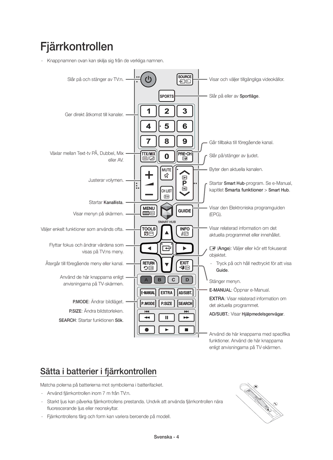 Samsung UE48JU6415UXXE, UE55JU6415UXXE, UE65JU6475UXXE, UE60JU6475UXXE, UE48JU6475UXXE Sätta i batterier i fjärrkontrollen 