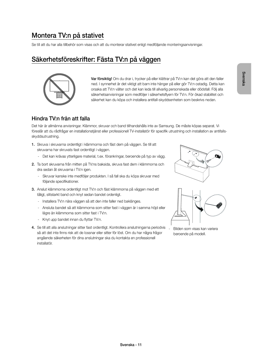 Samsung UE40JU6415UXXE manual Montera TVn på stativet, Säkerhetsföreskrifter Fästa TVn på väggen, Hindra TVn från att falla 