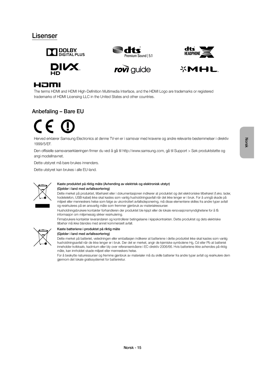 Samsung UE48JU6415UXXE, UE55JU6415UXXE, UE65JU6475UXXE, UE60JU6475UXXE, UE48JU6475UXXE manual Lisenser, Anbefaling Bare EU 