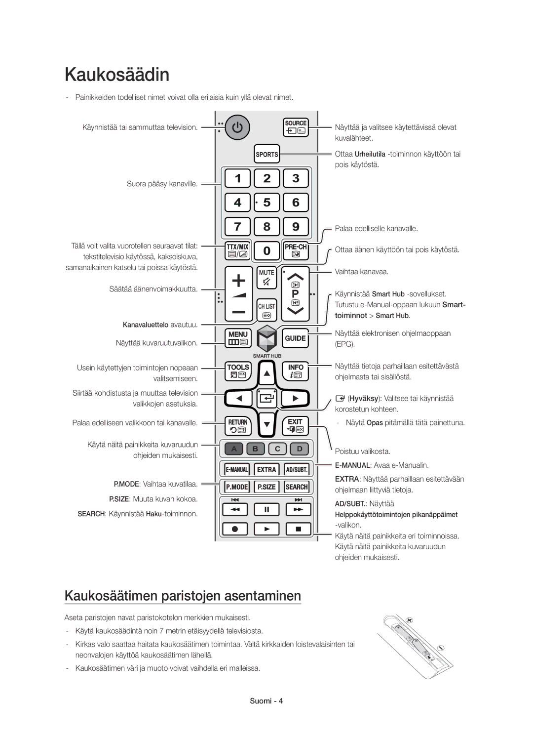 Samsung UE55JU6465UXXE, UE55JU6415UXXE, UE65JU6475UXXE, UE60JU6475UXXE Kaukosäädin, Kaukosäätimen paristojen asentaminen 