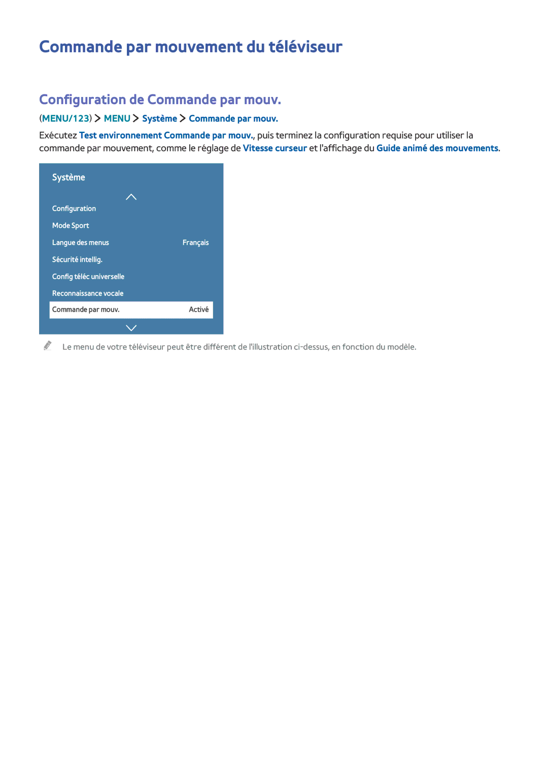 Samsung UE48JU6670UXZF, UE55JU6570UXZF manual Commande par mouvement du téléviseur, Configuration de Commande par mouv 