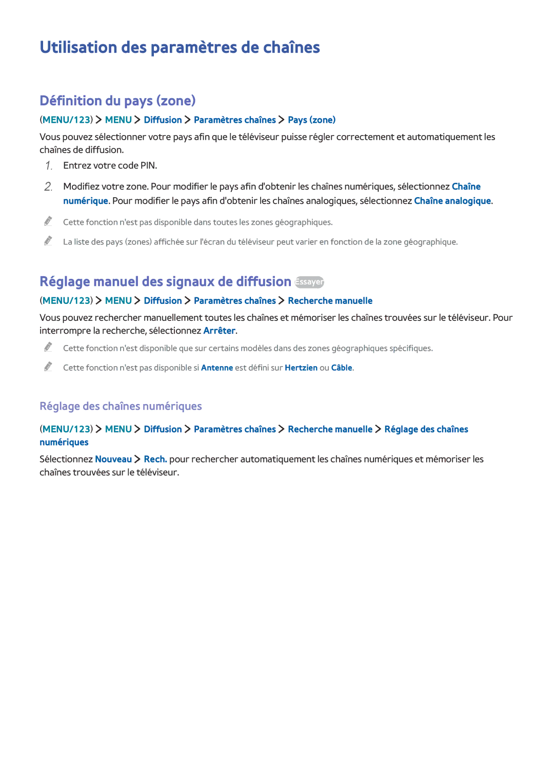 Samsung UE55JU6410UXZF Utilisation des paramètres de chaînes, Définition du pays zone, Réglage des chaînes numériques 
