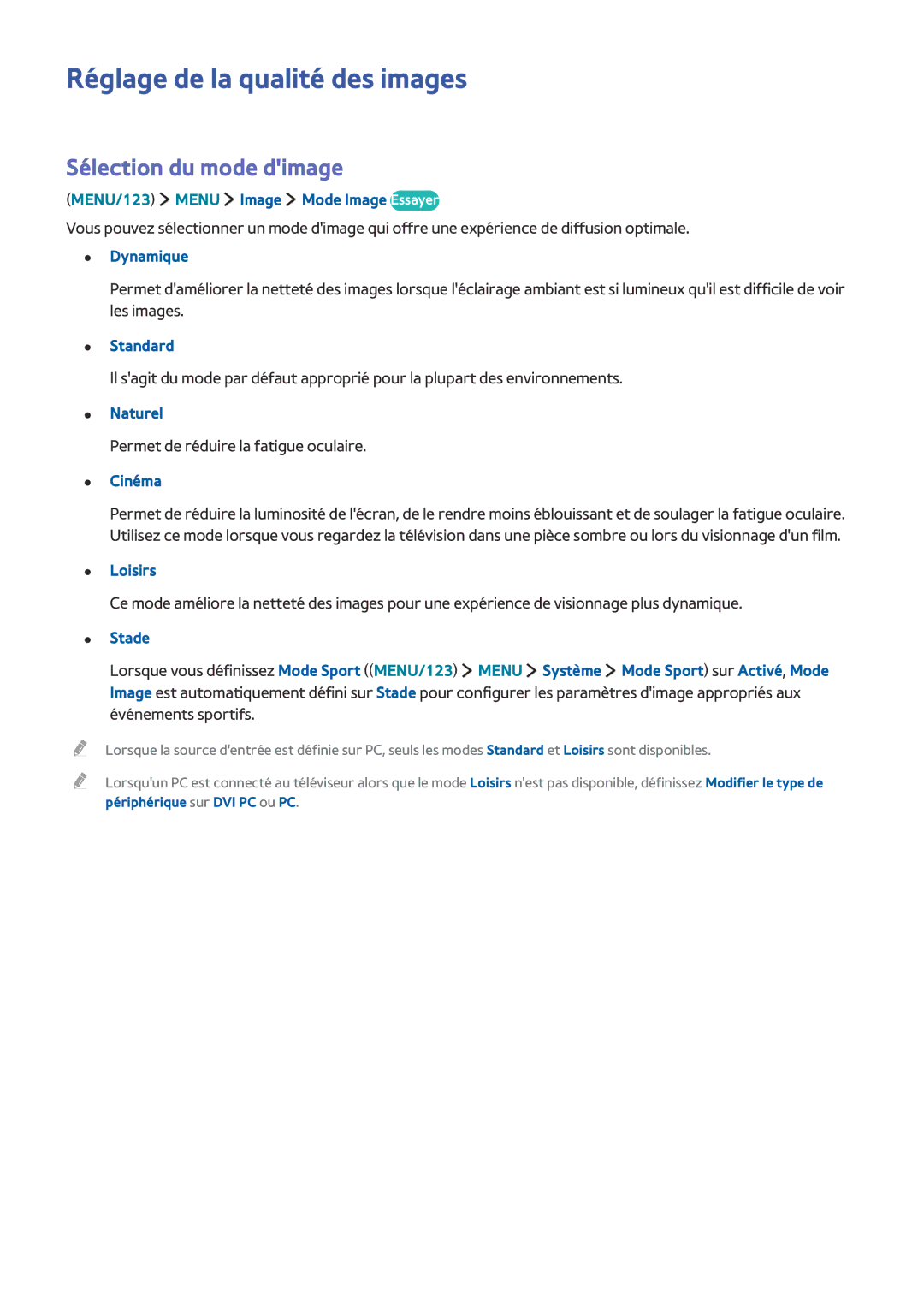 Samsung UE48JU7500TXZF, UE55JU6570UXZF, UE48JU6510UXZF manual Réglage de la qualité des images, Sélection du mode dimage 