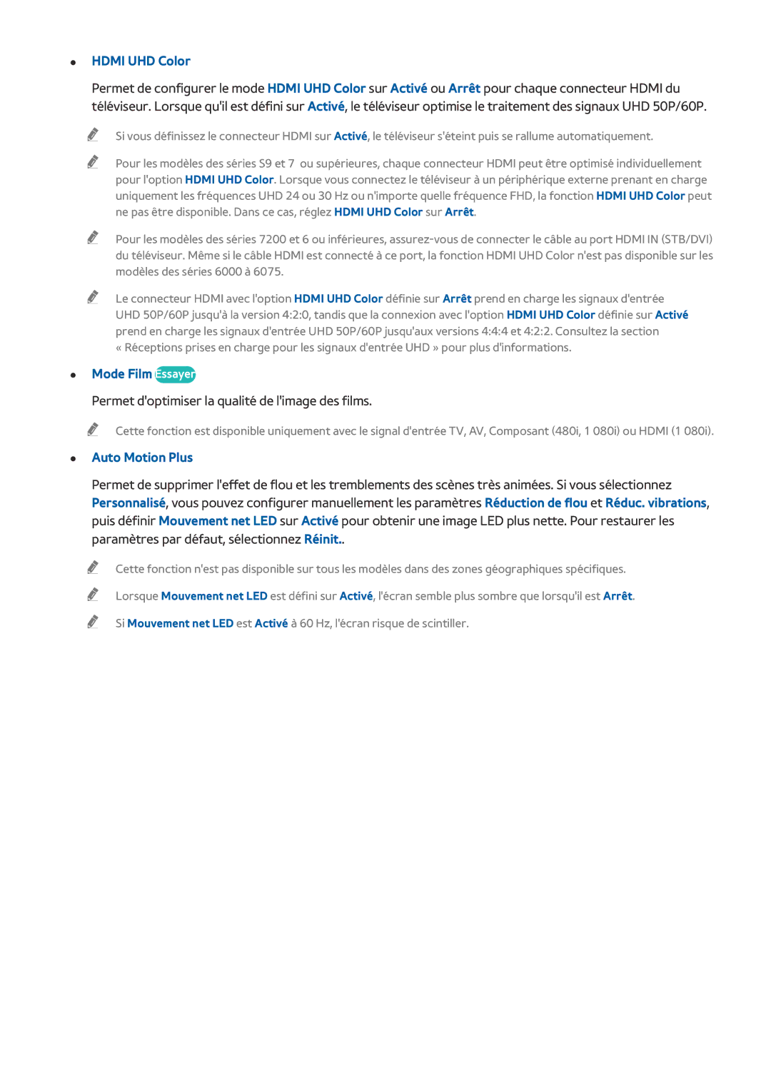 Samsung UE40JU6500KXZF, UE55JU6570UXZF Hdmi UHD Color, Mode Film Essayer, Permet doptimiser la qualité de limage des films 