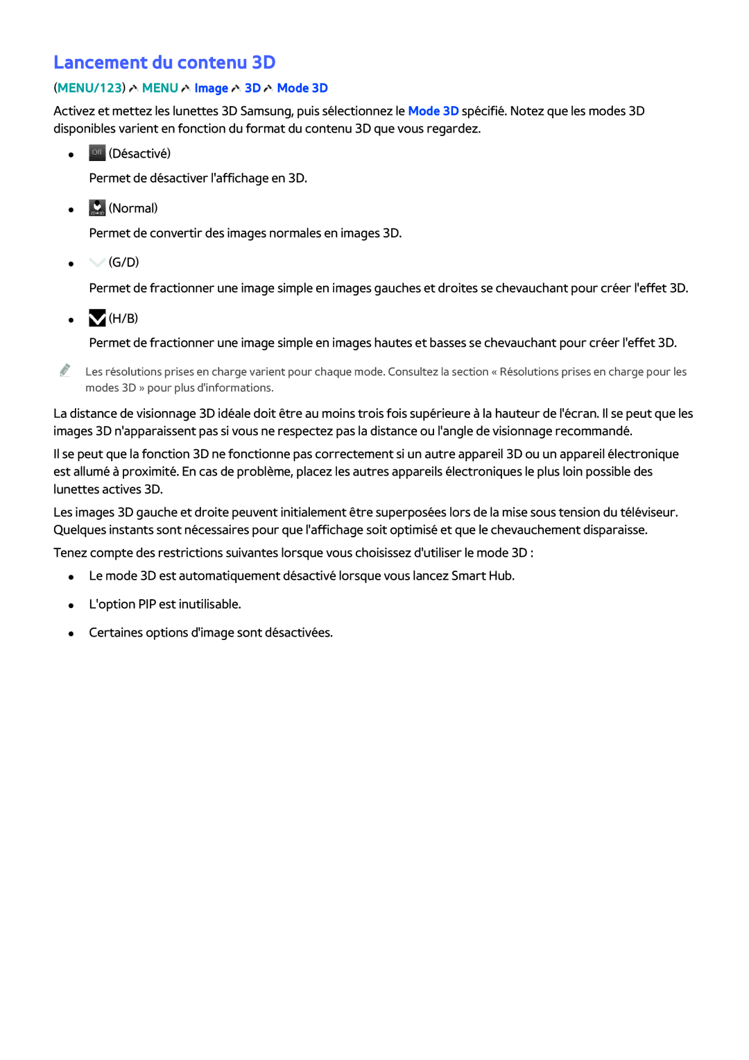 Samsung UE48JS8500TXZF, UE55JU6570UXZF, UE48JU6510UXZF, UE40S9AUXZF Lancement du contenu 3D, MENU/123 Menu Image 3D Mode 3D 