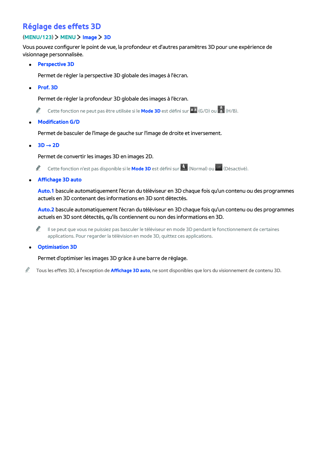 Samsung UE65JU7000TXZF, UE55JU6570UXZF, UE48JU6510UXZF, UE40JU6000KXZF, UE65JU6570UXZF, UE40S9AUXZF manual Réglage des effets 3D 