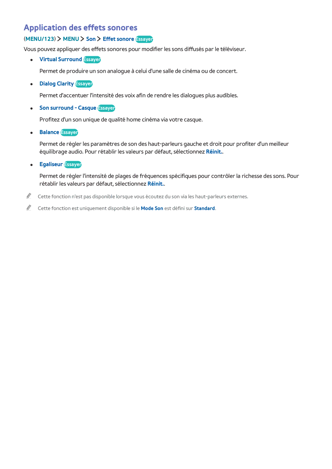 Samsung UE65JU7500TXZF, UE55JU6570UXZF, UE48JU6510UXZF, UE40JU6000KXZF, UE65JU6570UXZF manual Application des effets sonores 