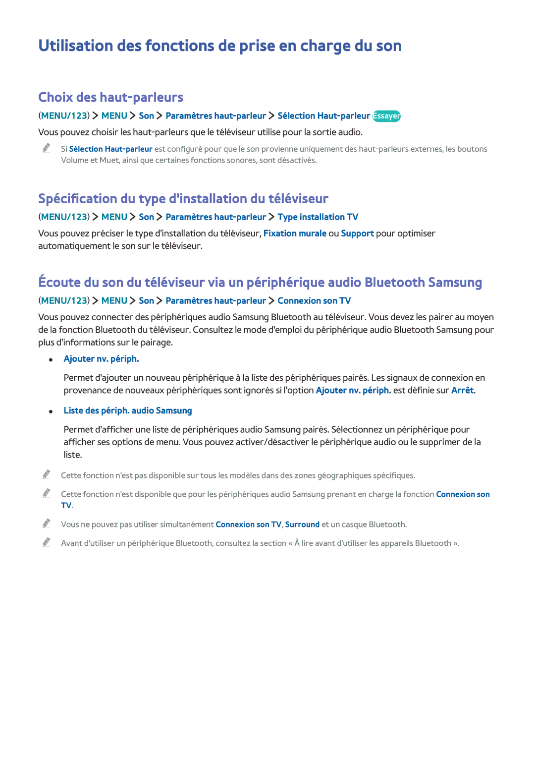 Samsung UE40JU6670UXZF, UE55JU6570UXZF manual Utilisation des fonctions de prise en charge du son, Choix des haut-parleurs 