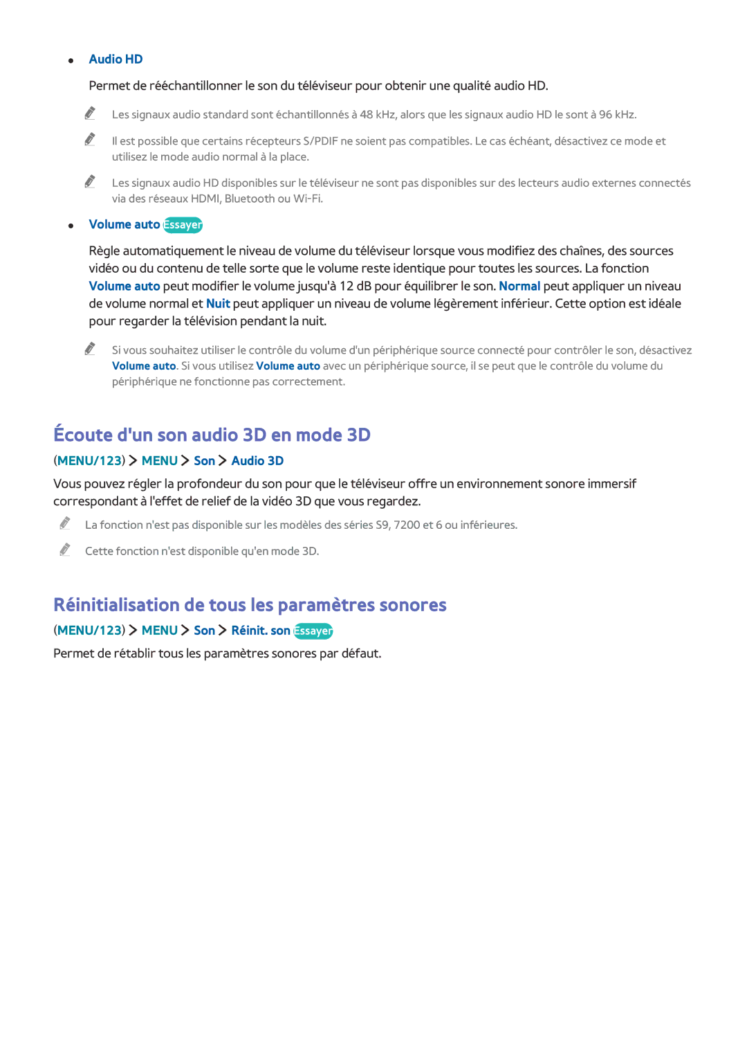 Samsung UE55JU6400KXZF manual Écoute dun son audio 3D en mode 3D, Réinitialisation de tous les paramètres sonores, Audio HD 