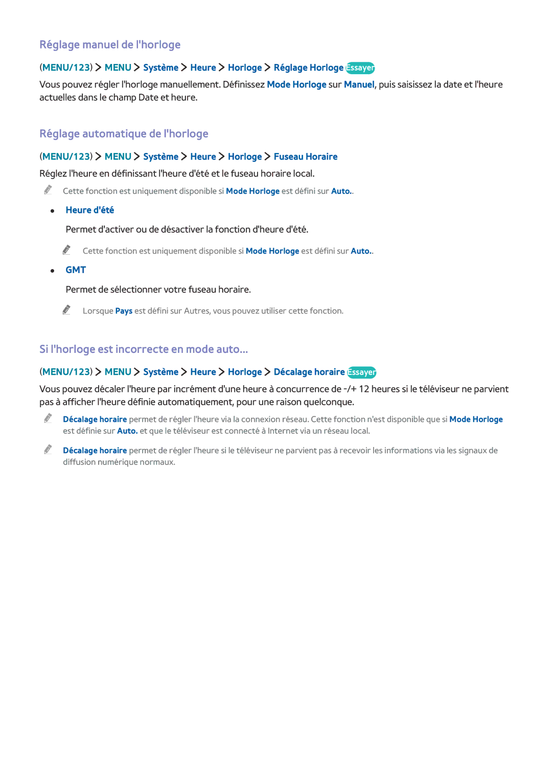 Samsung UE55JS8500TXZF, UE55JU6570UXZF, UE48JU6510UXZF manual Réglage manuel de lhorloge, Réglage automatique de lhorloge 