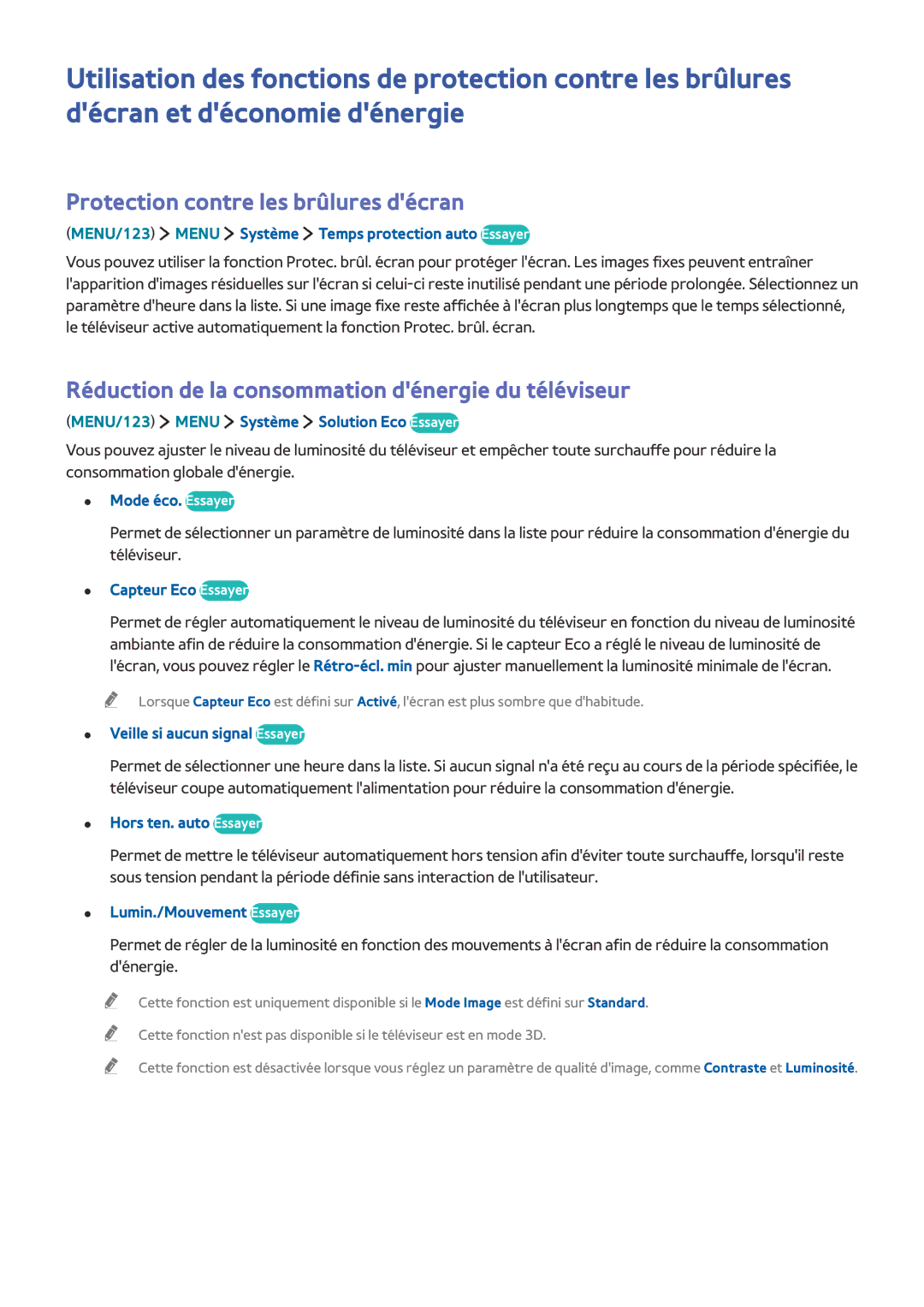 Samsung UE48JU6400KXZF manual Protection contre les brûlures décran, Réduction de la consommation dénergie du téléviseur 