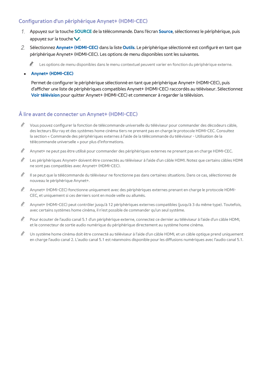 Samsung UE48JU6510UXZF manual Configuration dun périphérique Anynet+ HDMI-CEC, Lire avant de connecter un Anynet+ HDMI-CEC 