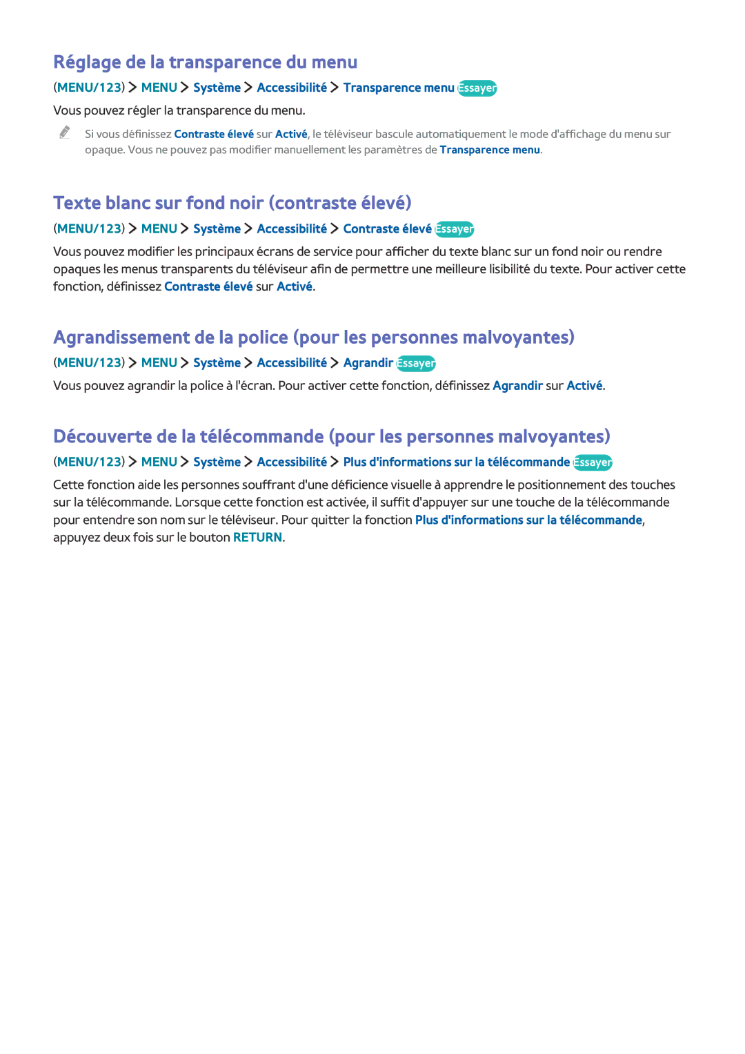 Samsung UE60JU6400KXZF, UE55JU6570UXZF manual Réglage de la transparence du menu, Texte blanc sur fond noir contraste élevé 