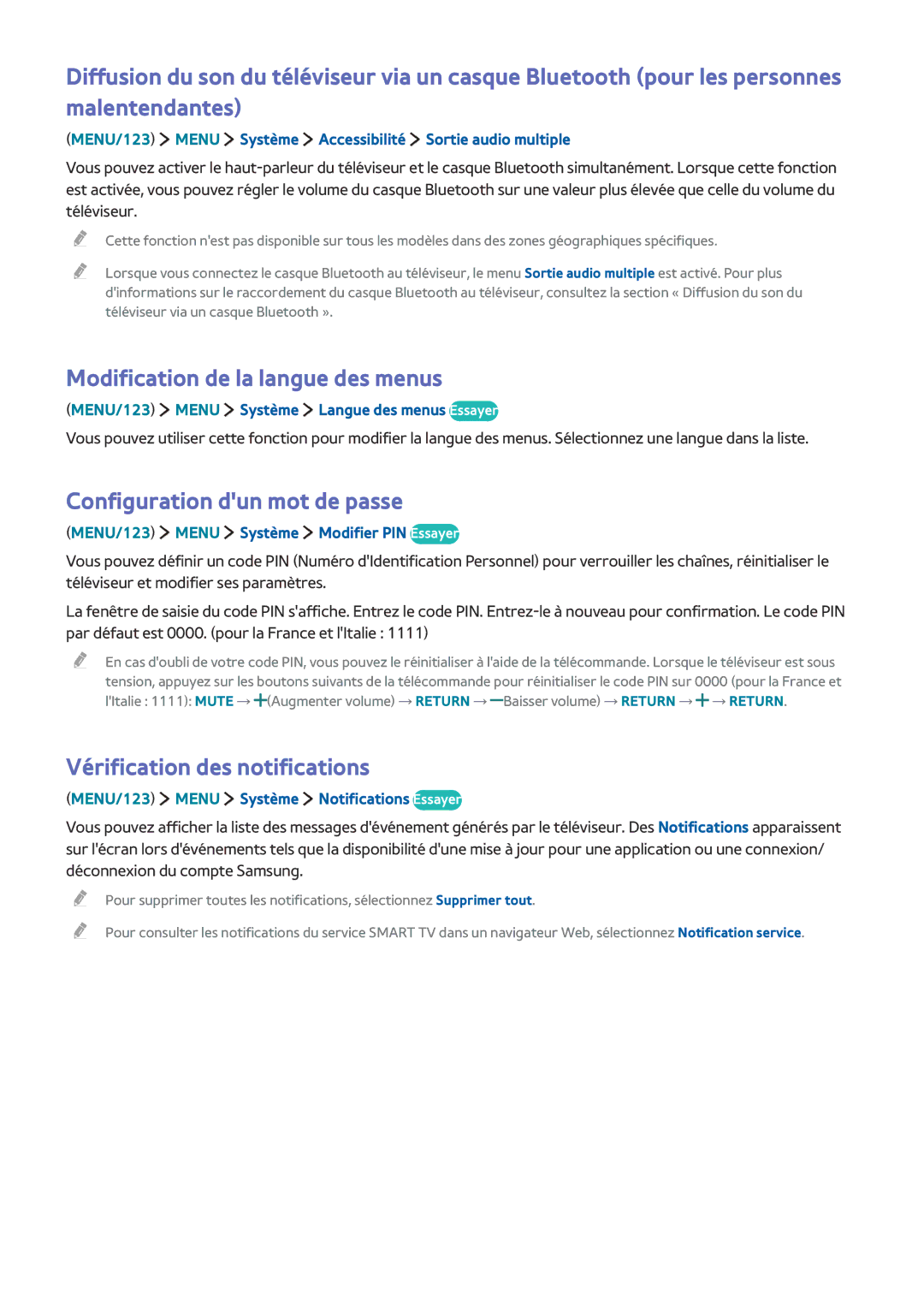 Samsung UE78JU7500TXZF Modification de la langue des menus, Configuration dun mot de passe, Vérification des notifications 