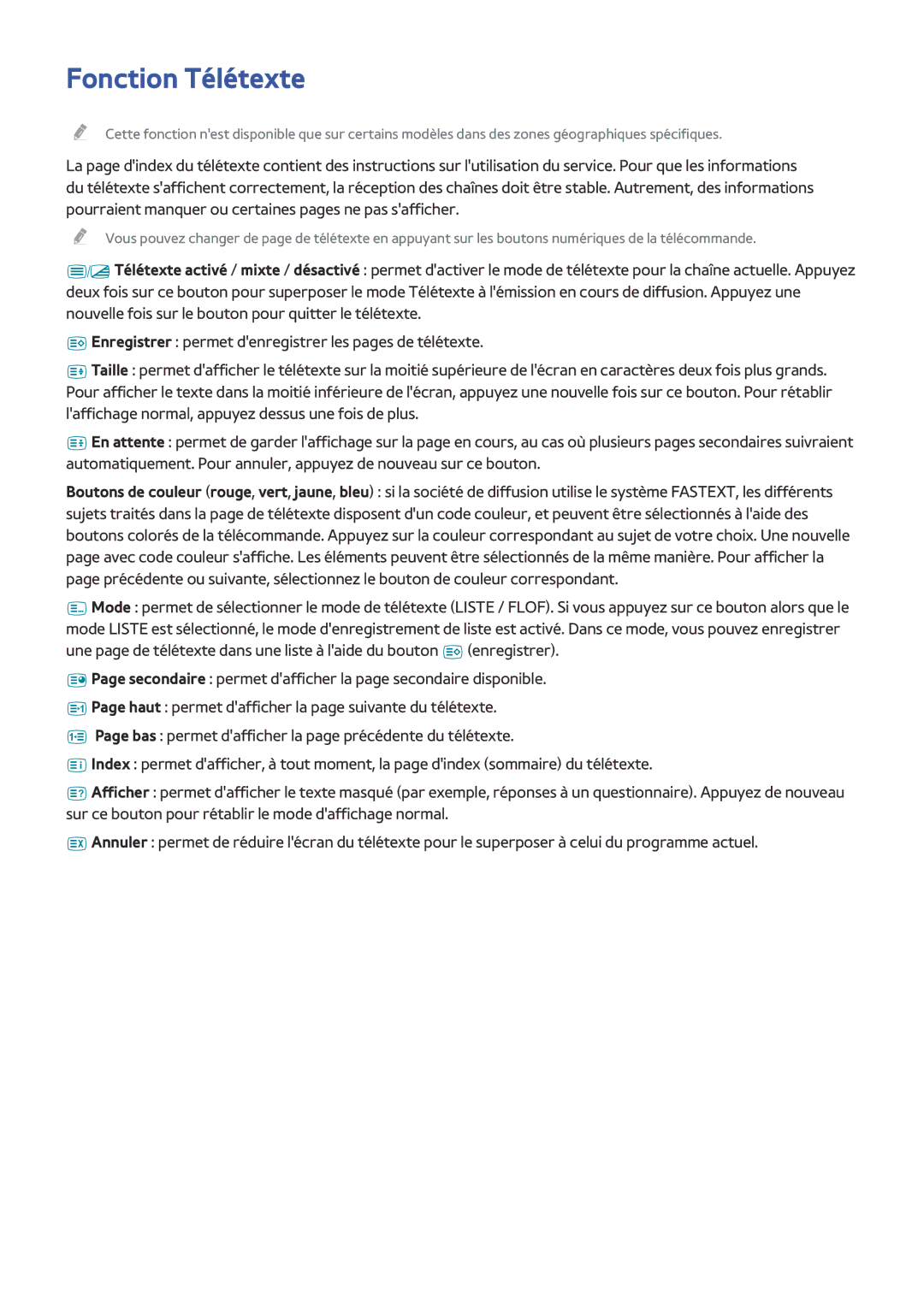 Samsung UE55JU6000KXZF, UE55JU6570UXZF, UE48JU6510UXZF, UE40JU6000KXZF, UE65JU6570UXZF, UE40S9AUXZF manual Fonction Télétexte 