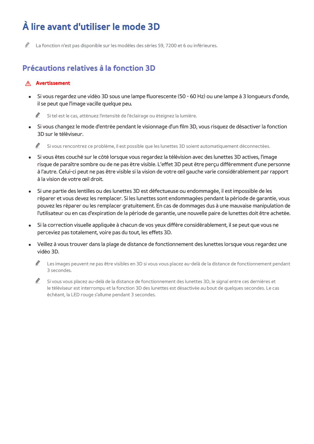 Samsung UE50JU6800KXZF, UE55JU6570UXZF, UE40S9AUXZF Lire avant dutiliser le mode 3D, Précautions relatives à la fonction 3D 