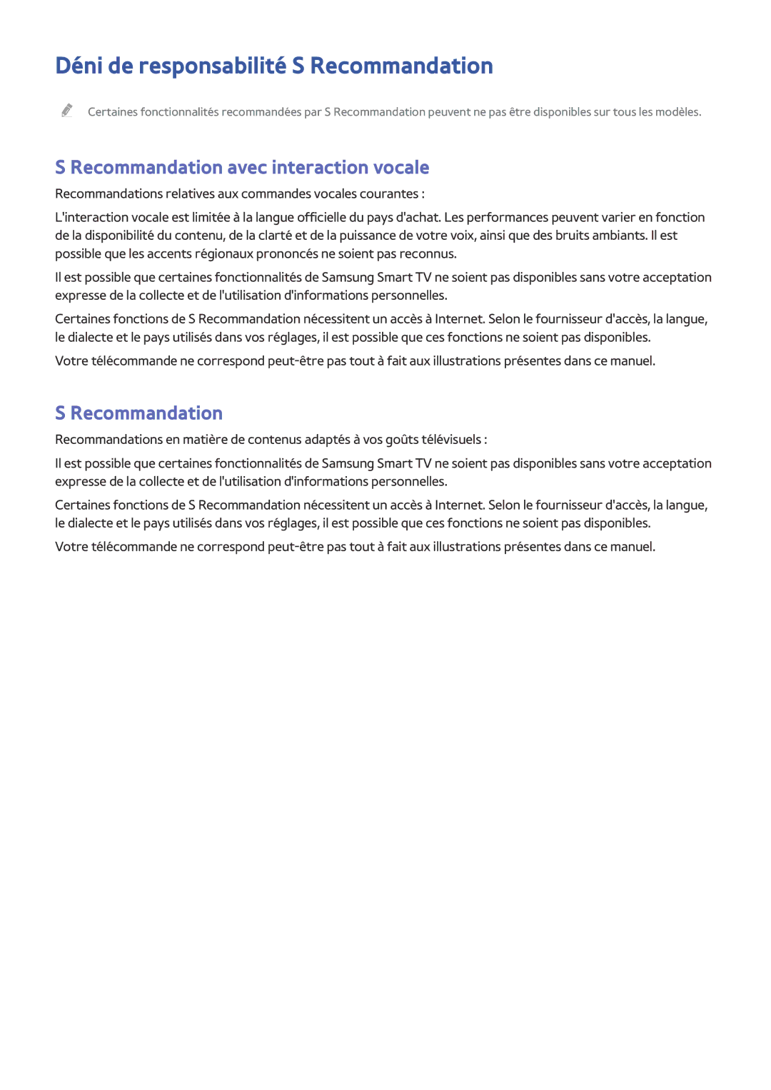 Samsung UE40JU6670UXZF, UE55JU6570UXZF Déni de responsabilité S Recommandation, Recommandation avec interaction vocale 