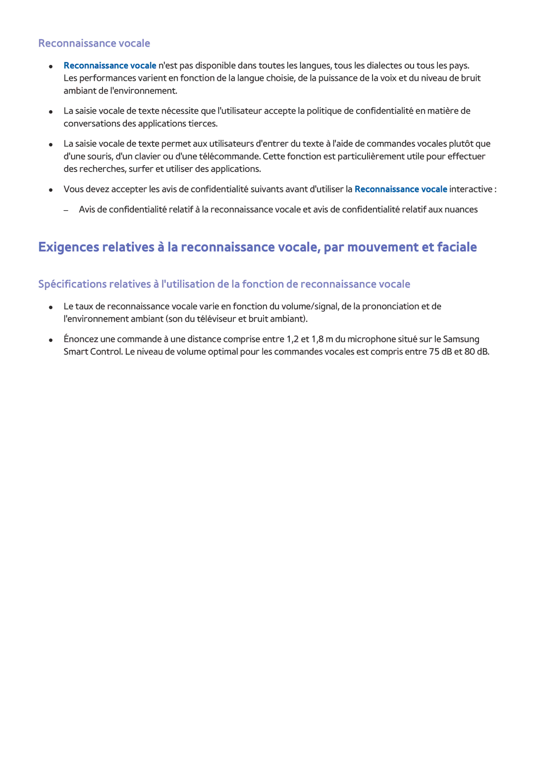 Samsung UE55JU6400KXZF, UE55JU6570UXZF, UE48JU6510UXZF, UE40JU6000KXZF, UE65JU6570UXZF, UE40S9AUXZF manual Reconnaissance vocale 