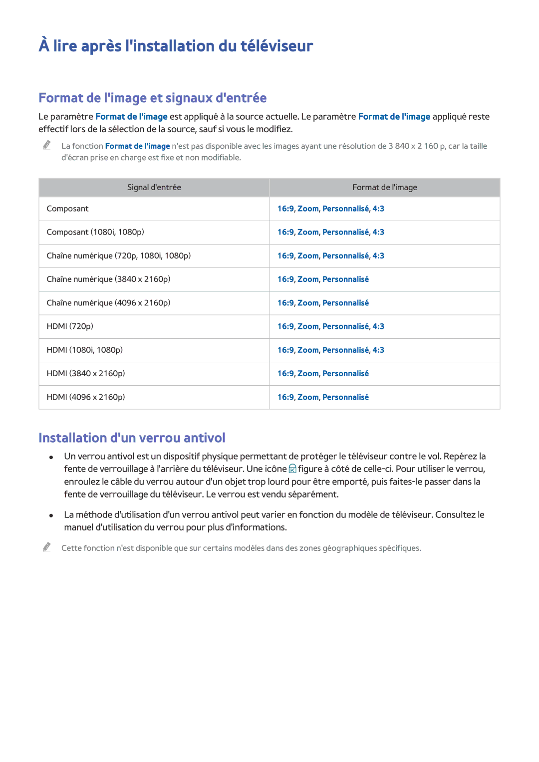 Samsung UE48JU6000KXZF, UE55JU6570UXZF manual Lire après linstallation du téléviseur, Format de limage et signaux dentrée 