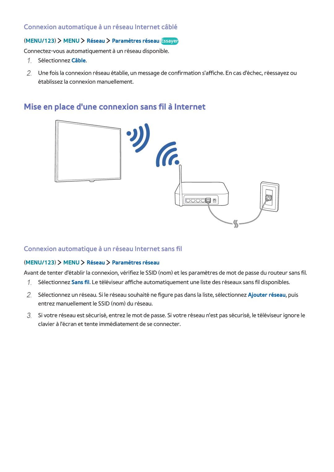 Samsung UE55JU6410UXZF Mise en place dune connexion sans fil à Internet, Connexion automatique à un réseau Internet câblé 