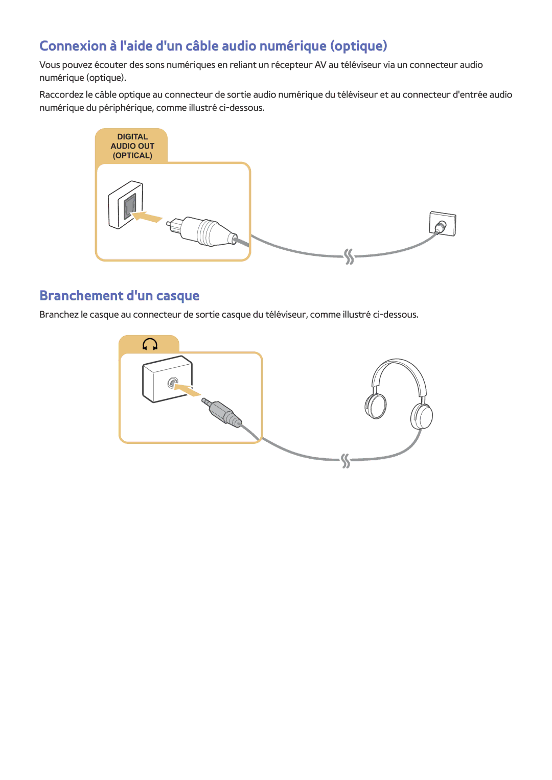 Samsung UE48JS8500TXZF, UE55JU6570UXZF manual Connexion à laide dun câble audio numérique optique, Branchement dun casque 