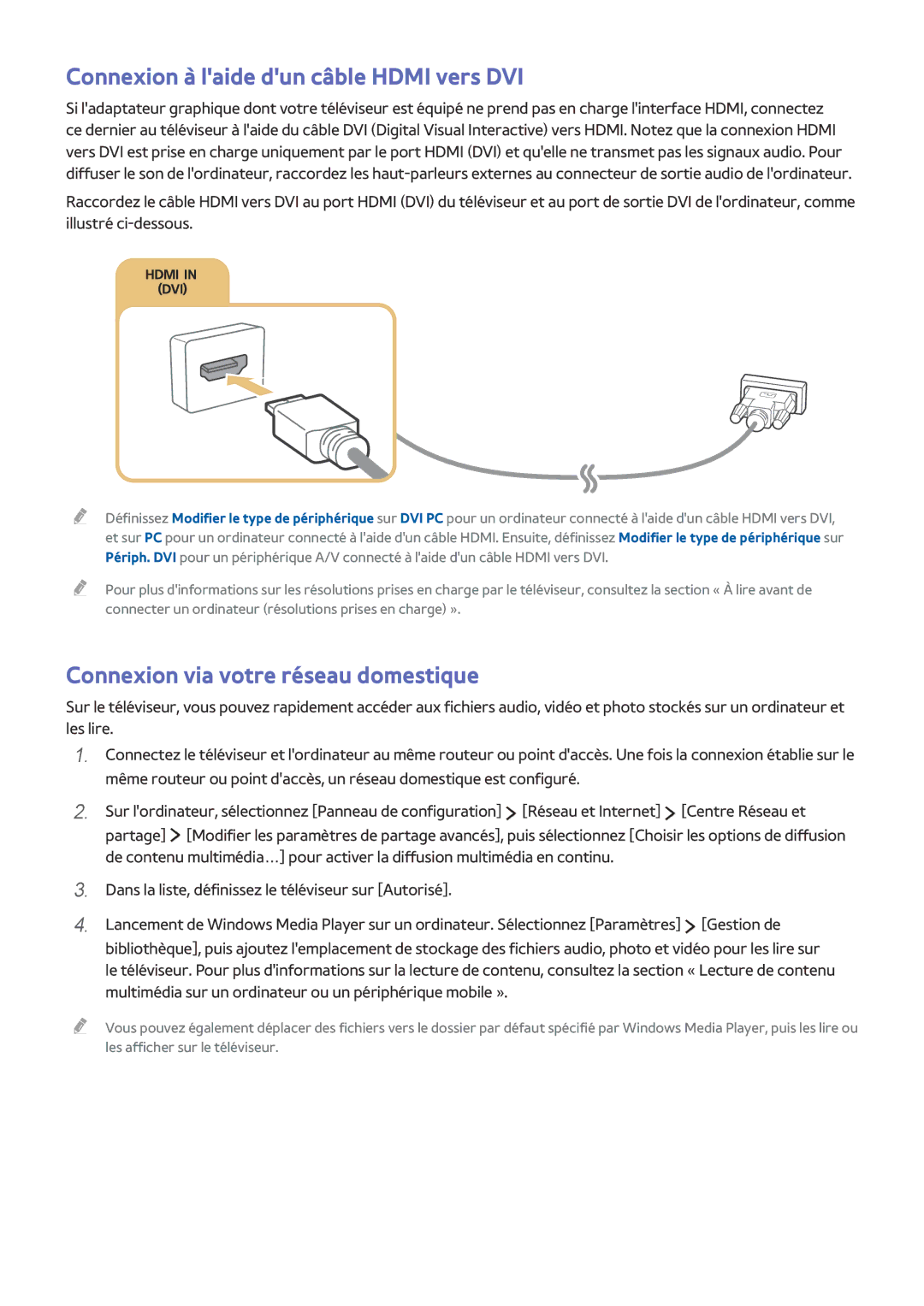 Samsung UE65JU6000KXZF, UE55JU6570UXZF Connexion à laide dun câble Hdmi vers DVI, Connexion via votre réseau domestique 