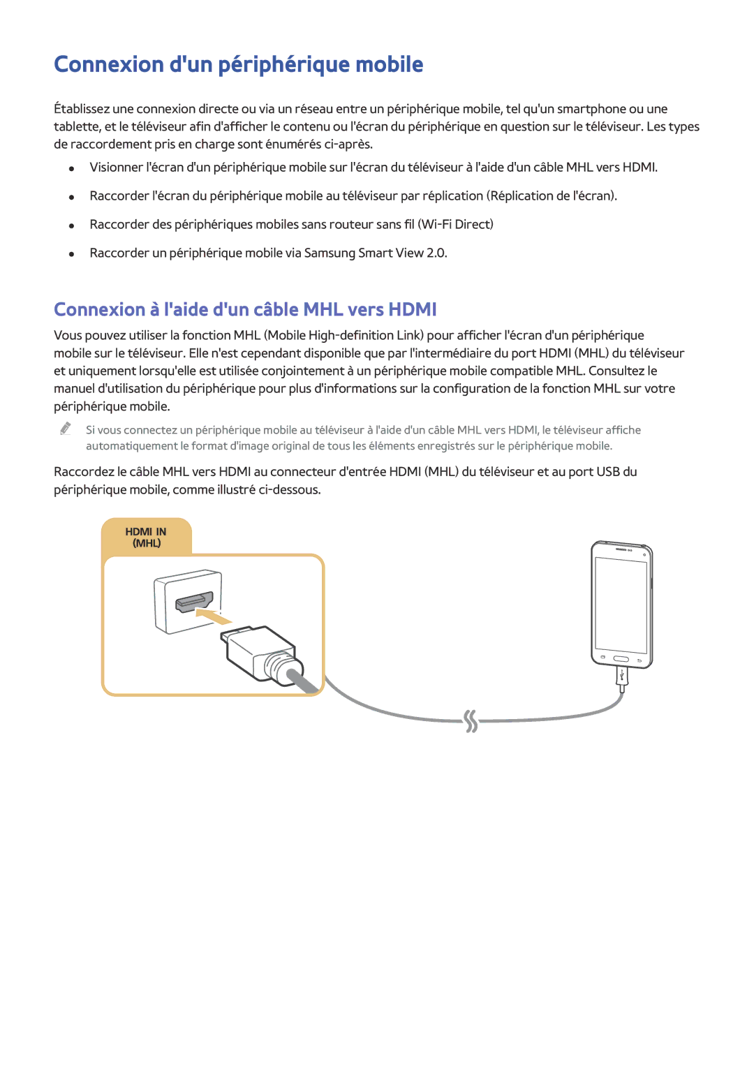 Samsung UE50JU6800KXZF, UE55JU6570UXZF manual Connexion dun périphérique mobile, Connexion à laide dun câble MHL vers Hdmi 