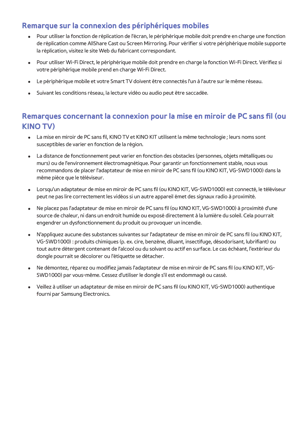 Samsung UE85JU7000TXZF, UE55JU6570UXZF, UE48JU6510UXZF manual Remarque sur la connexion des périphériques mobiles, Kino TV 