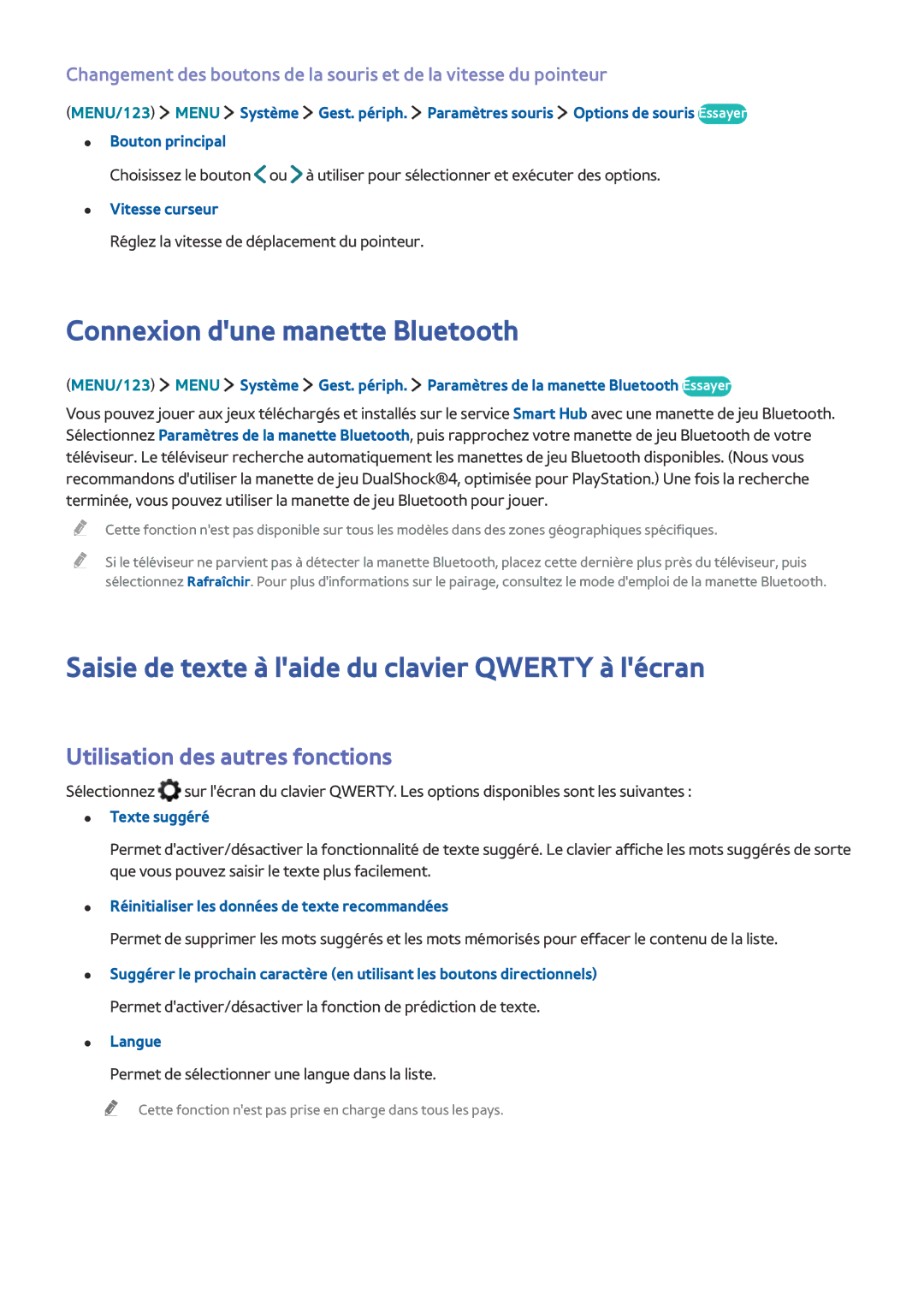 Samsung UE65JU6570UXZF, UE40S9AUXZF Connexion dune manette Bluetooth, Saisie de texte à laide du clavier Qwerty à lécran 