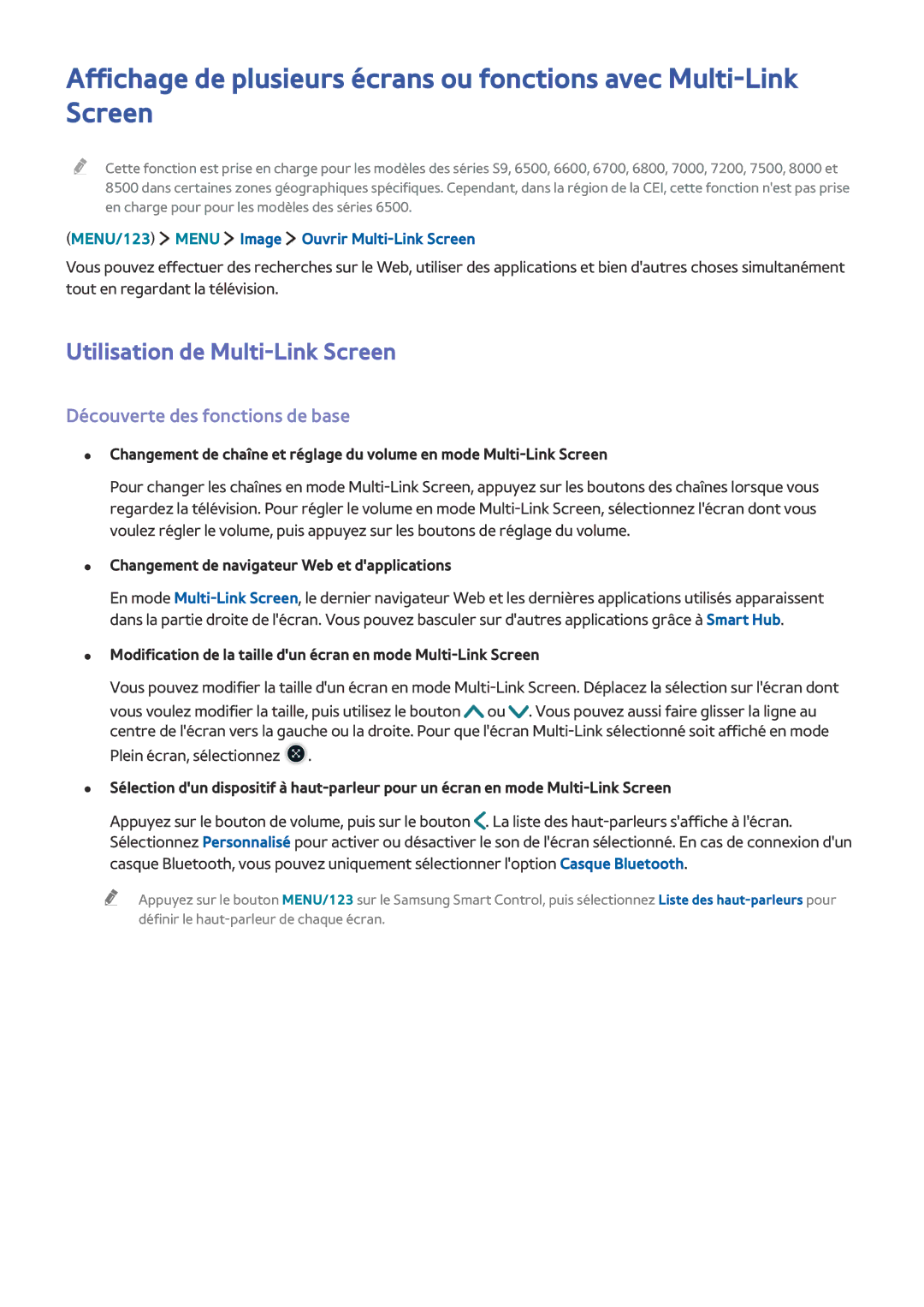 Samsung UE40S9AUXZF, UE55JU6570UXZF, UE48JU6510UXZF manual Utilisation de Multi-Link Screen, Découverte des fonctions de base 