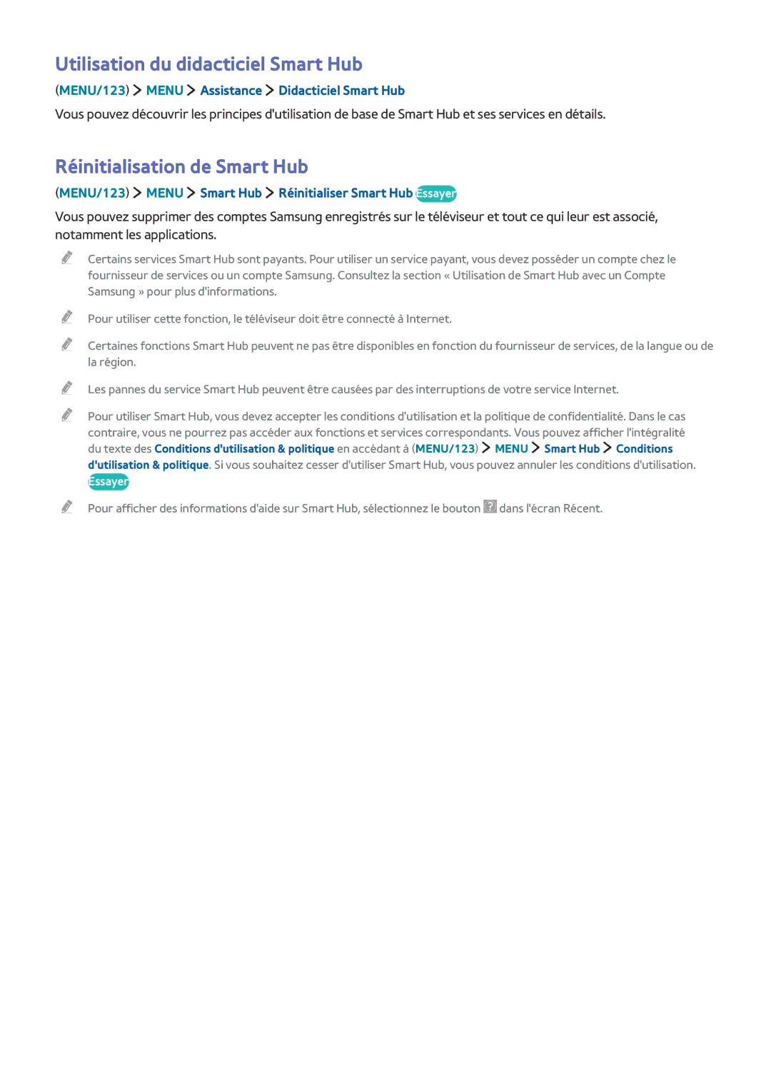 Samsung UE78JU7500TXZF, UE55JU6570UXZF, UE48JU6510UXZF Utilisation du didacticiel Smart Hub, Réinitialisation de Smart Hub 