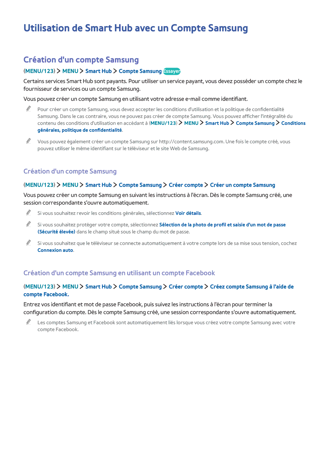 Samsung UE55JU6800KXZF, UE55JU6570UXZF manual Utilisation de Smart Hub avec un Compte Samsung, Création dun compte Samsung 