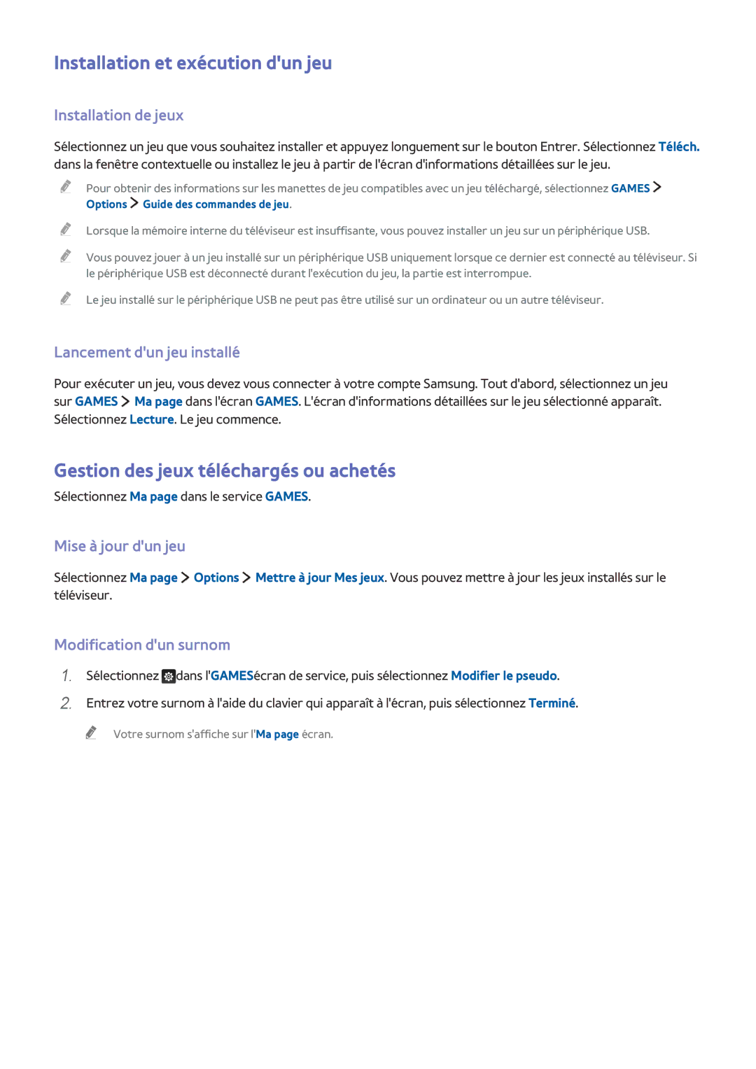 Samsung UE55JU6510UXZF, UE55JU6570UXZF manual Installation et exécution dun jeu, Gestion des jeux téléchargés ou achetés 