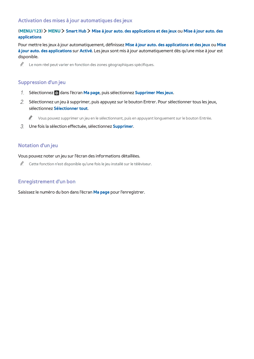 Samsung UE55J6300AWXZF manual Activation des mises à jour automatiques des jeux, Suppression dun jeu, Notation dun jeu 