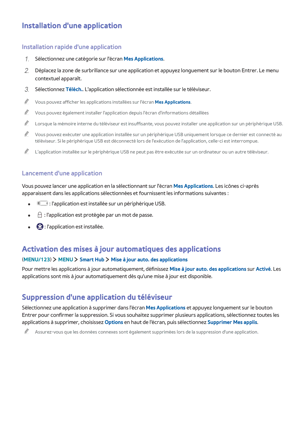 Samsung UE55JU6000KXZF manual Installation dune application, Activation des mises à jour automatiques des applications 