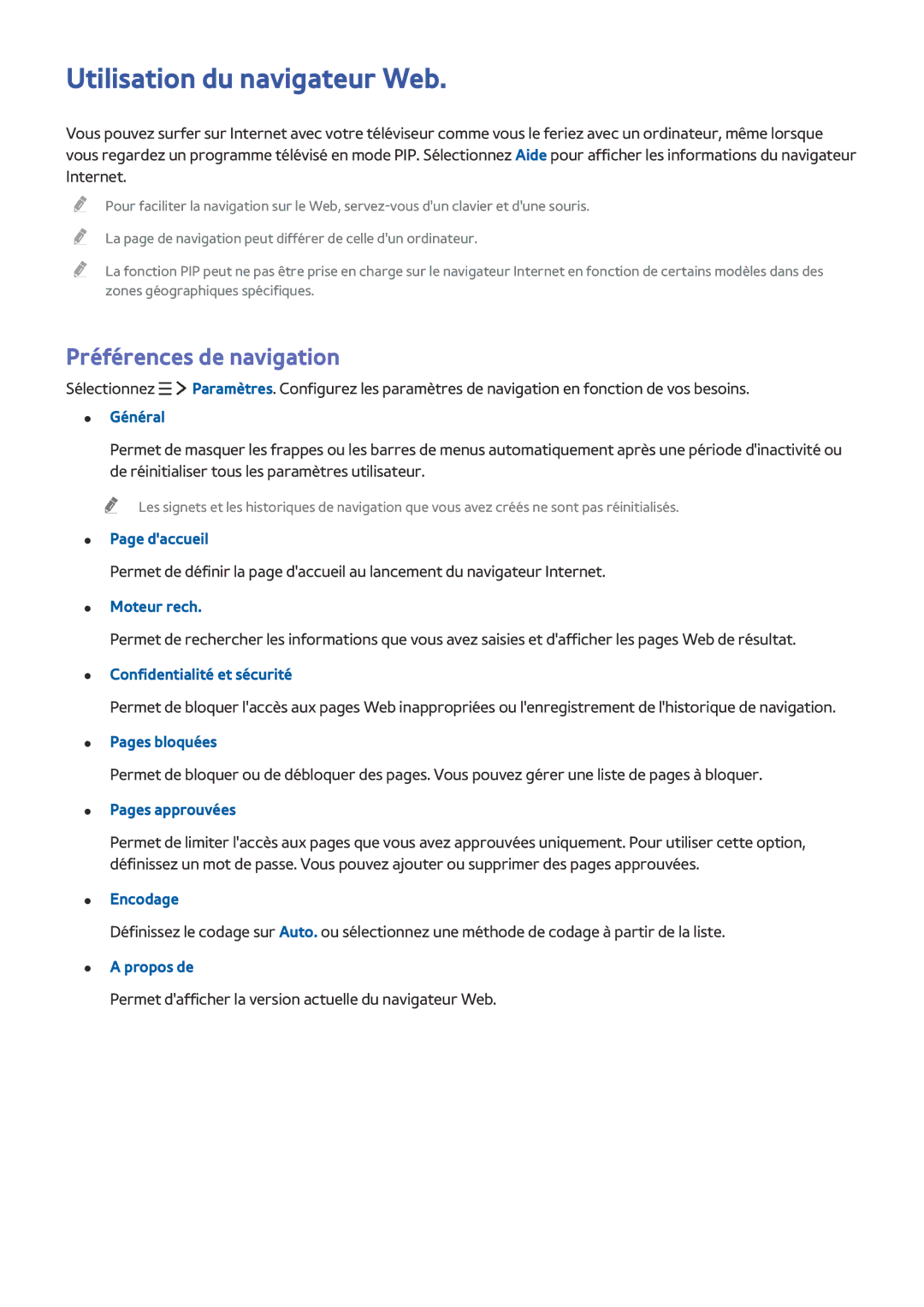 Samsung UE55JU6640UXZF, UE55JU6570UXZF, UE48JU6510UXZF, UE40S9AUXZF Utilisation du navigateur Web, Préférences de navigation 