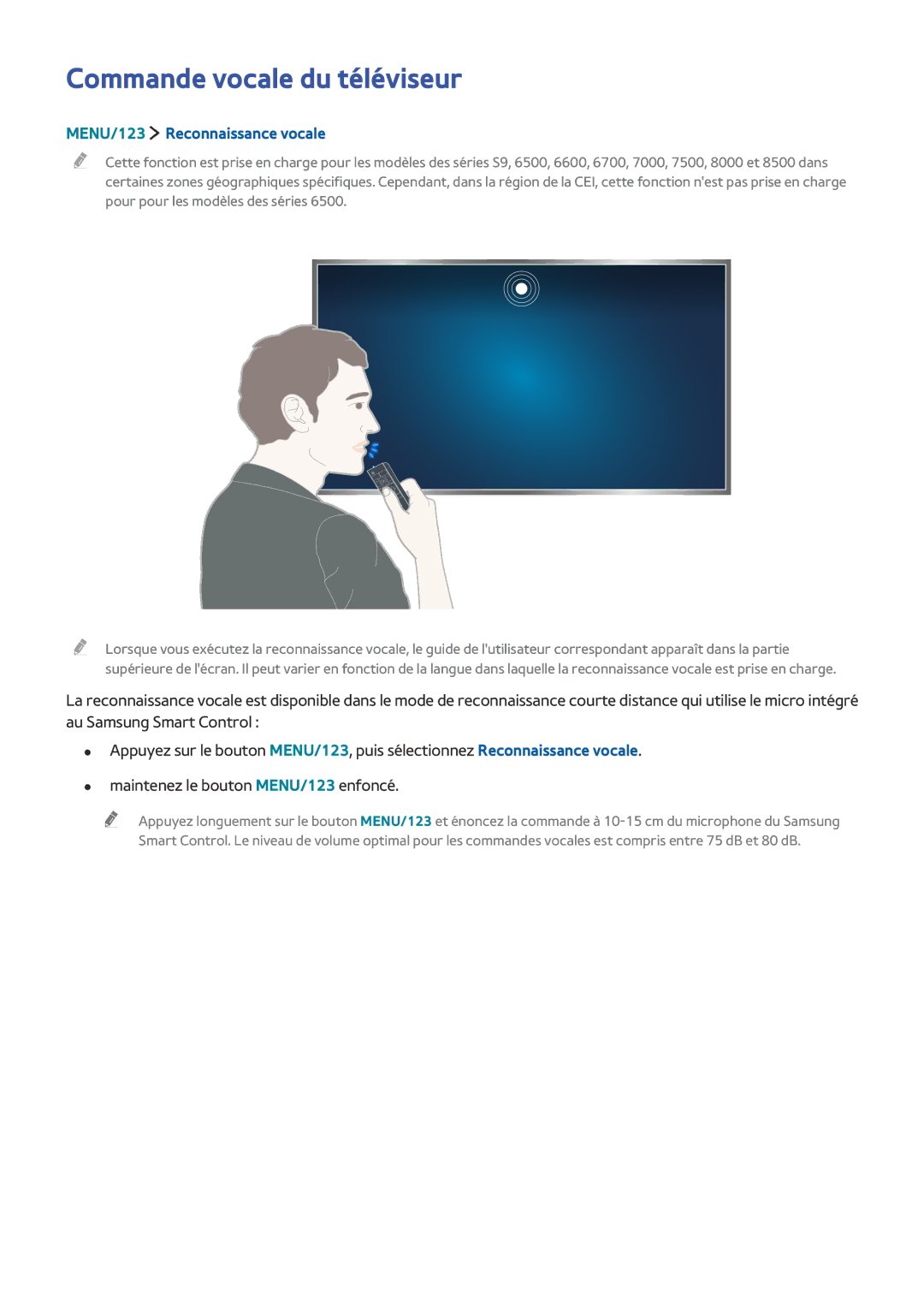 Samsung UE48JS8500TXZF, UE55JU6570UXZF, UE48JU6510UXZF manual Commande vocale du téléviseur, MENU/123 Reconnaissance vocale 