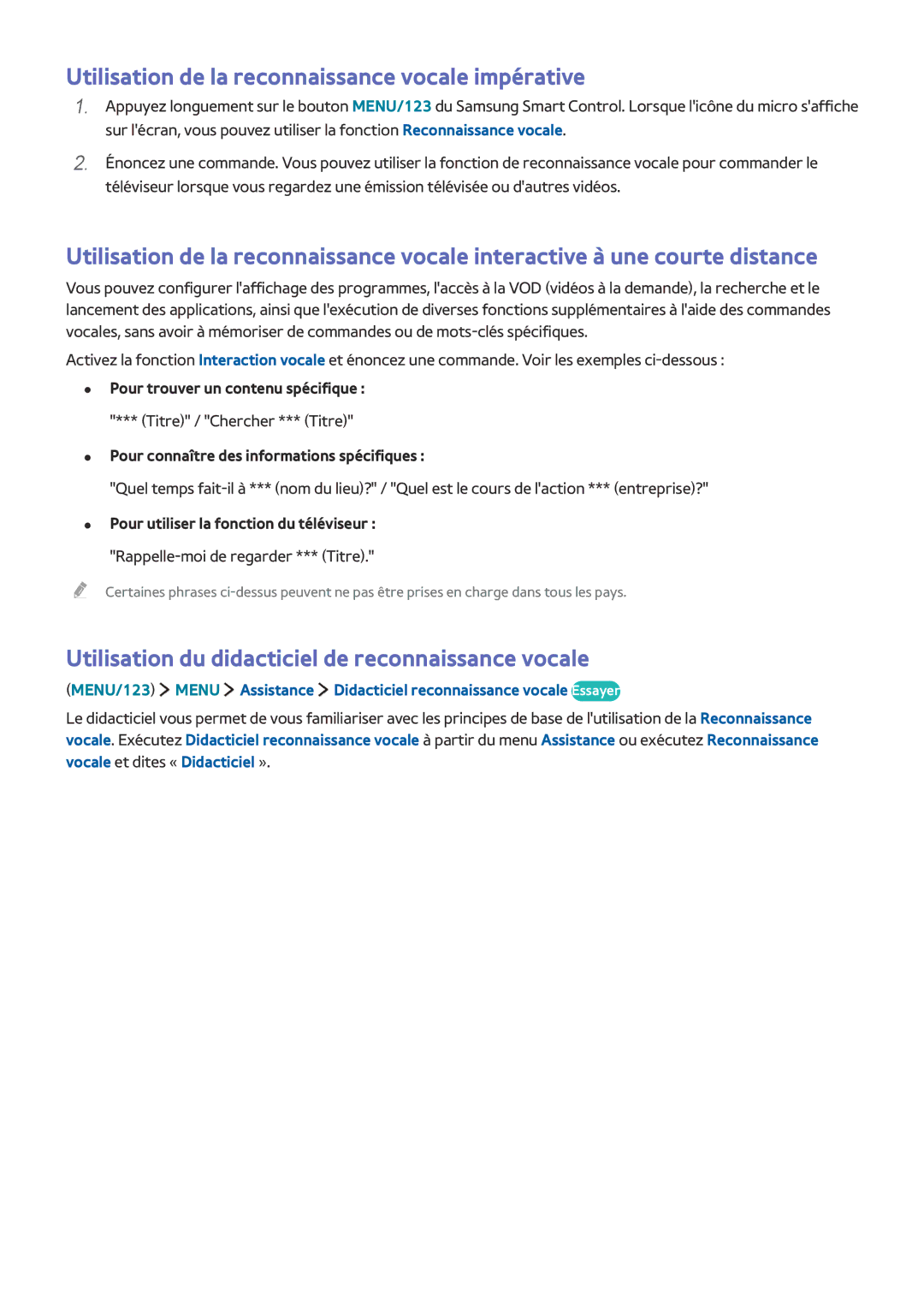 Samsung UE65JU6000KXZF, UE40S9AUXZF Utilisation de la reconnaissance vocale impérative, Pour trouver un contenu spécifique 