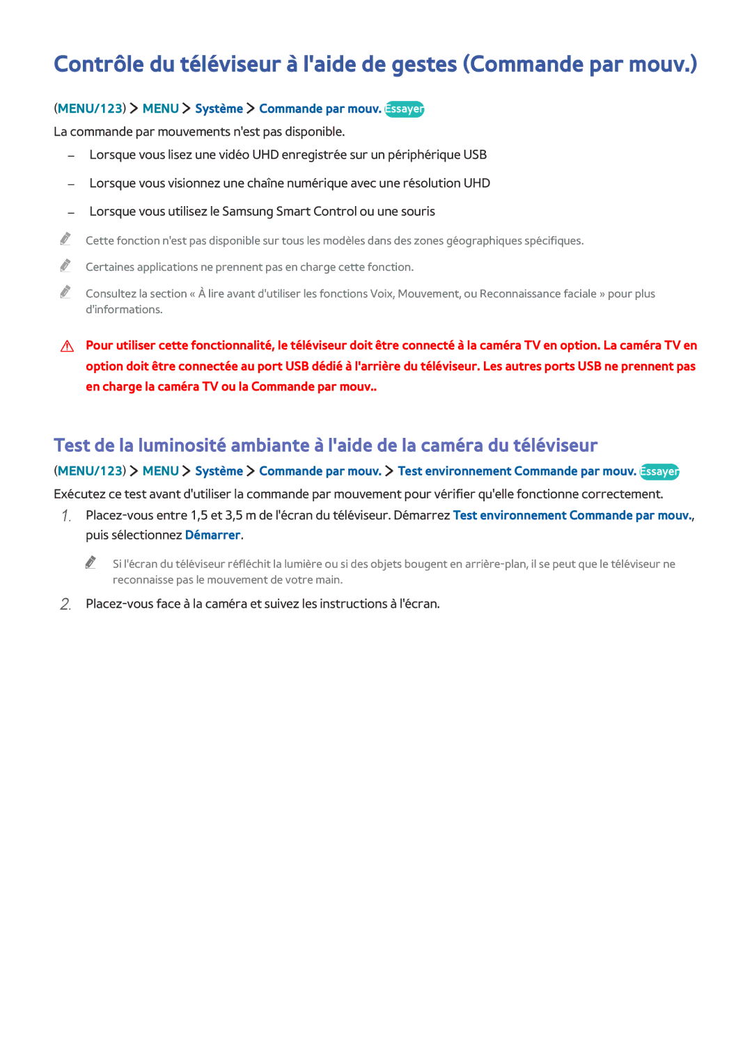 Samsung UE50JU6800KXZF, UE55JU6570UXZF, UE48JU6510UXZF manual Contrôle du téléviseur à laide de gestes Commande par mouv 