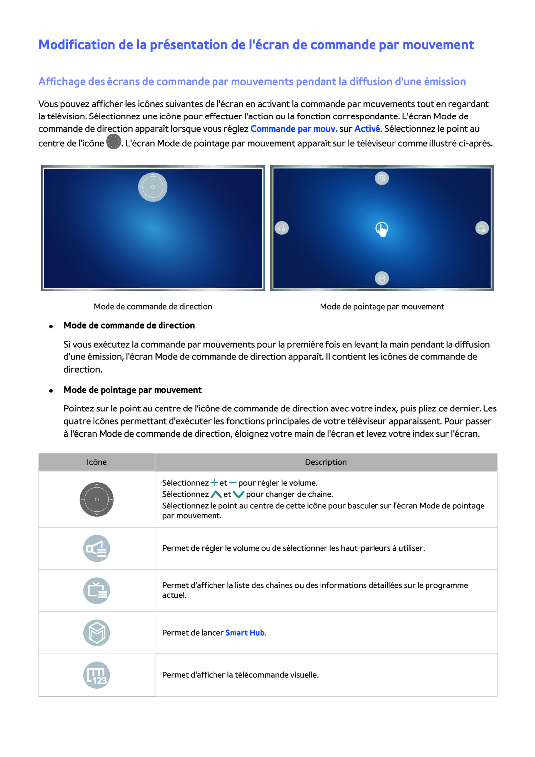 Samsung UE40JU6670UXZF, UE55JU6570UXZF, UE48JU6510UXZF manual Mode de commande de direction, Mode de pointage par mouvement 