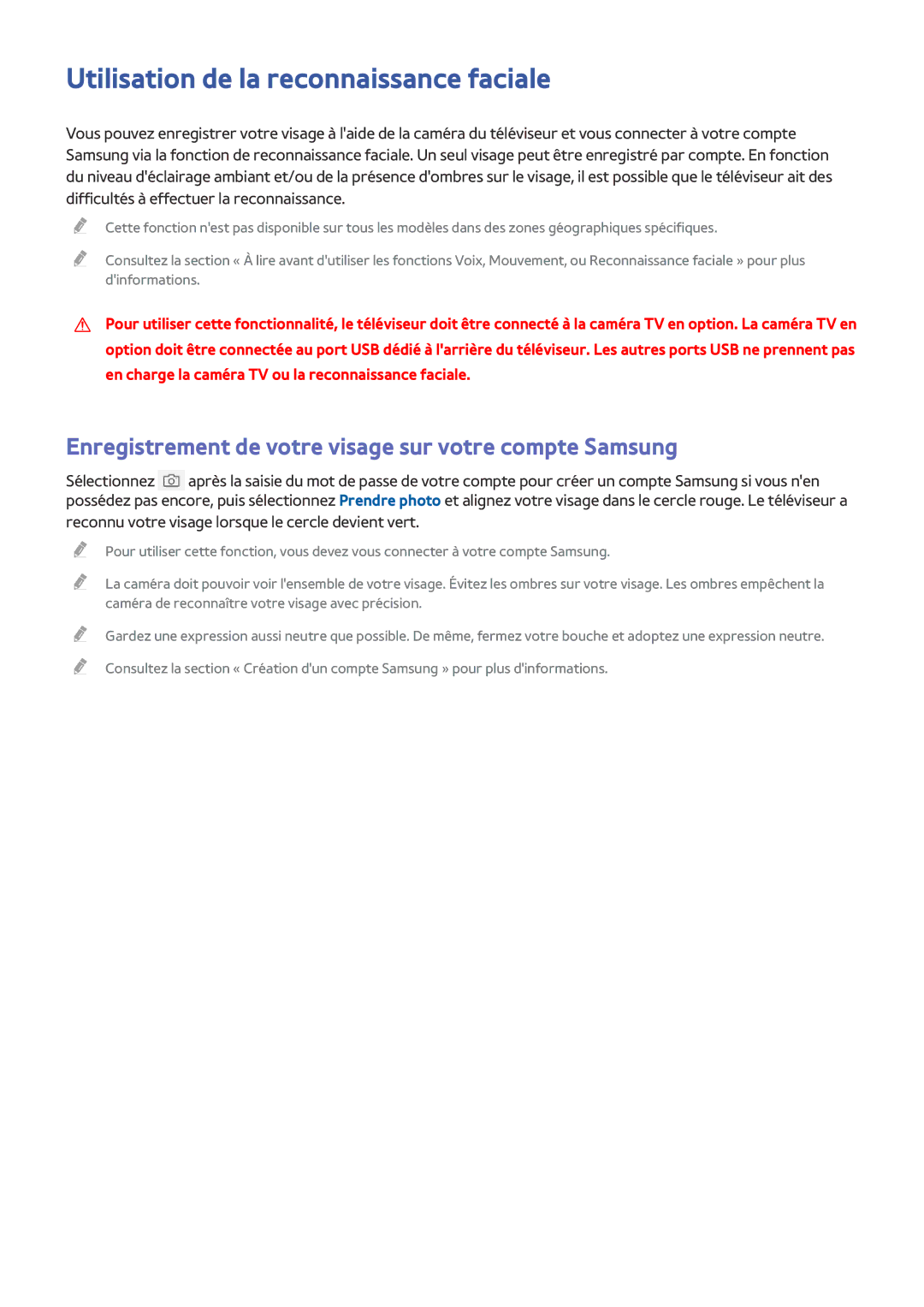 Samsung UE75JU7000TXZF Utilisation de la reconnaissance faciale, Enregistrement de votre visage sur votre compte Samsung 