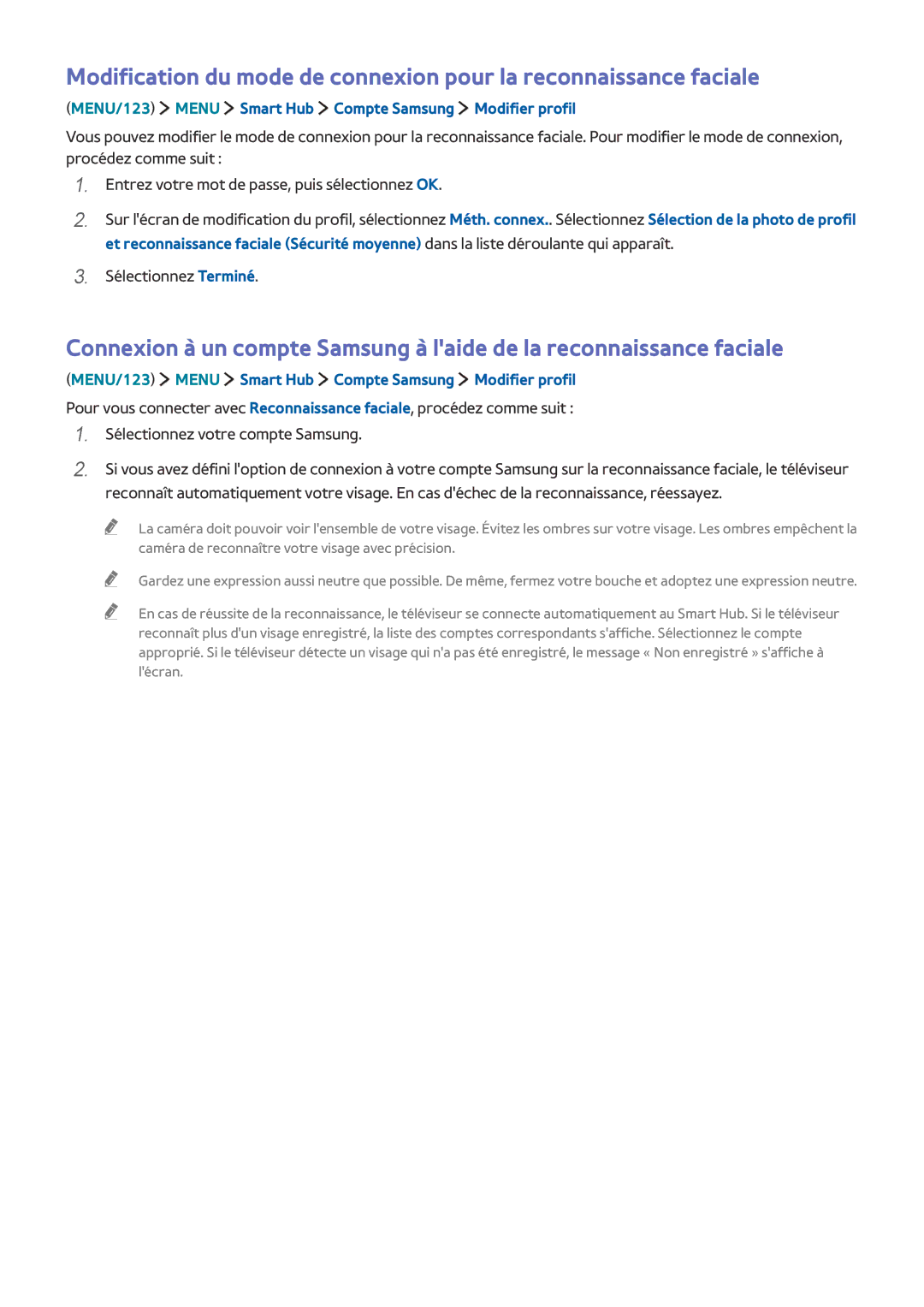 Samsung UE85JU7000TXZF, UE55JU6570UXZF manual MENU/123 Menu Smart Hub Compte Samsung Modifier profil, Sélectionnez Terminé 