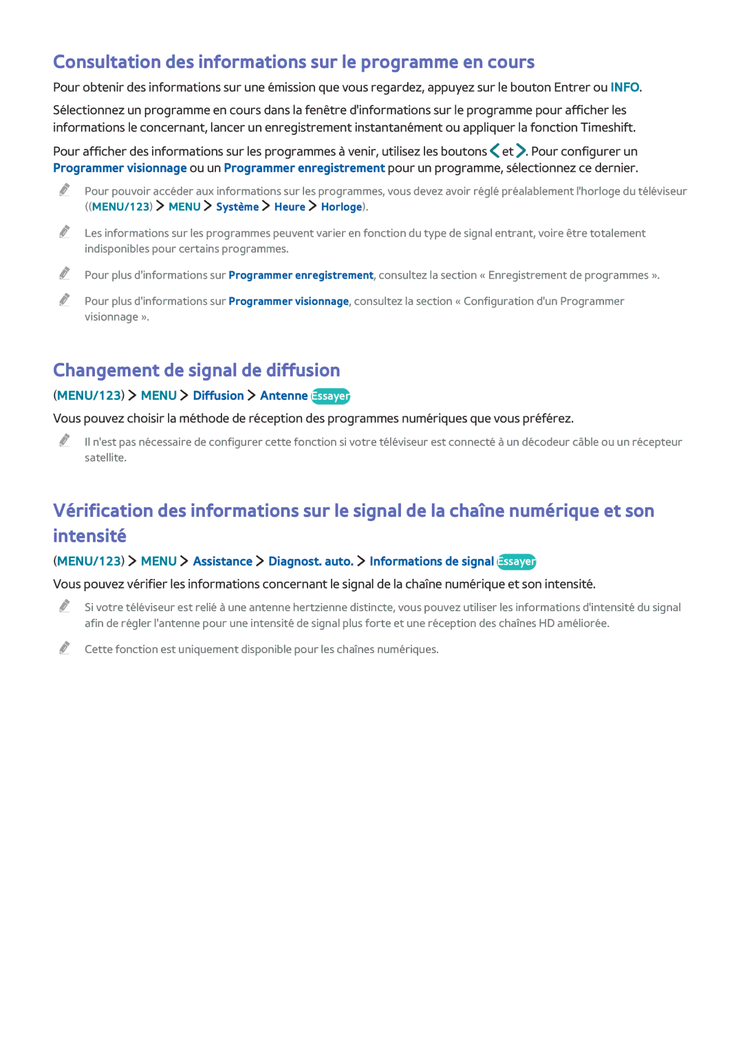 Samsung UE40JU6410UXZF manual Consultation des informations sur le programme en cours, Changement de signal de diffusion 