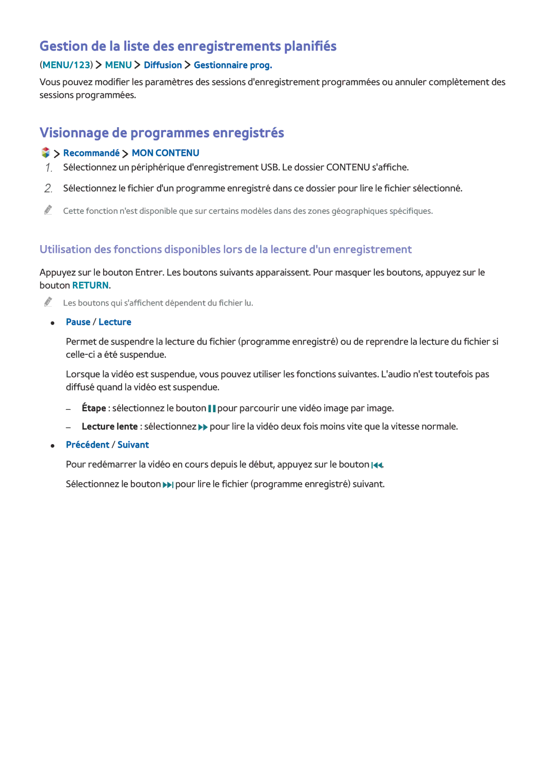 Samsung UE48JU6500KXZF manual Gestion de la liste des enregistrements planifiés, Visionnage de programmes enregistrés 