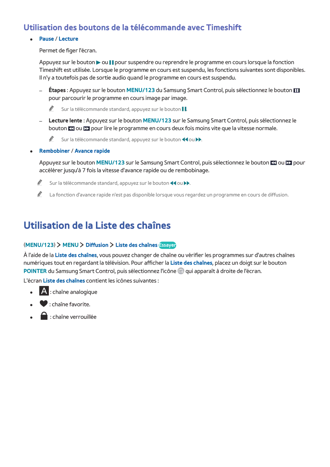 Samsung UE65JU6570UXZF Utilisation de la Liste des chaînes, Utilisation des boutons de la télécommande avec Timeshift 