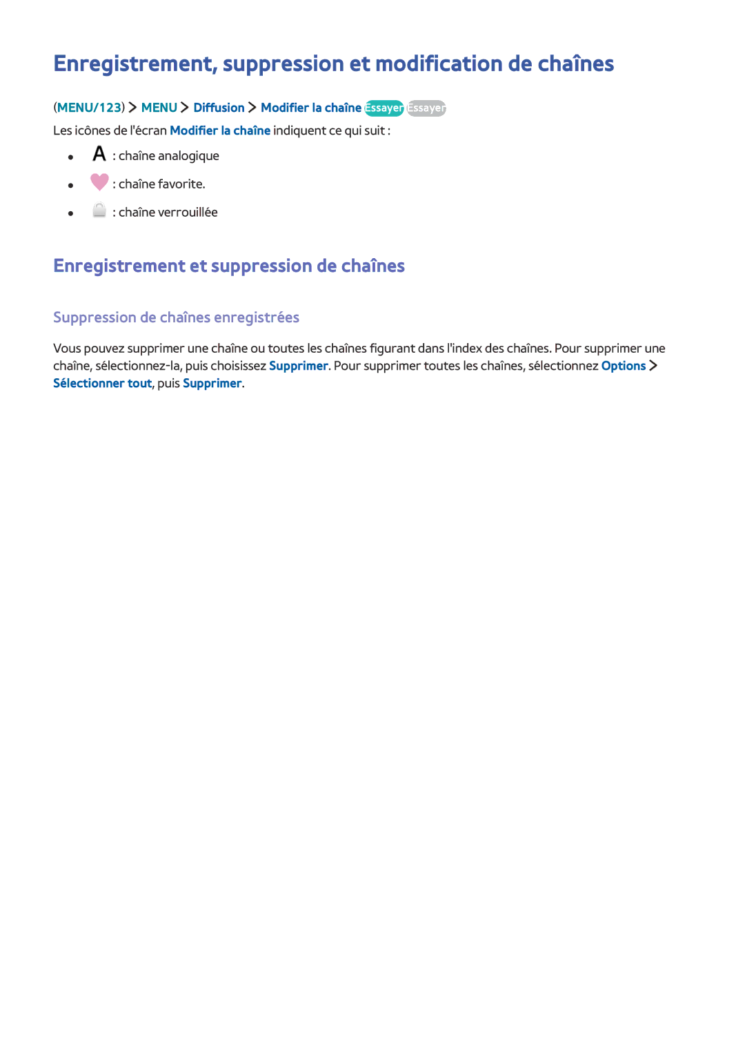 Samsung UE48JU6000KXZF Enregistrement, suppression et modification de chaînes, Enregistrement et suppression de chaînes 