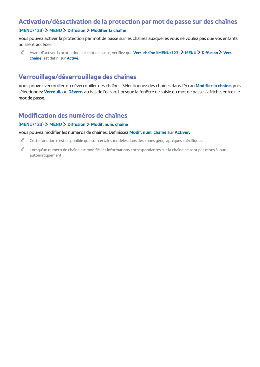 Samsung UE78JU7500TXZF, UE55JU6570UXZF manual Verrouillage/déverrouillage des chaînes, Modification des numéros de chaînes 