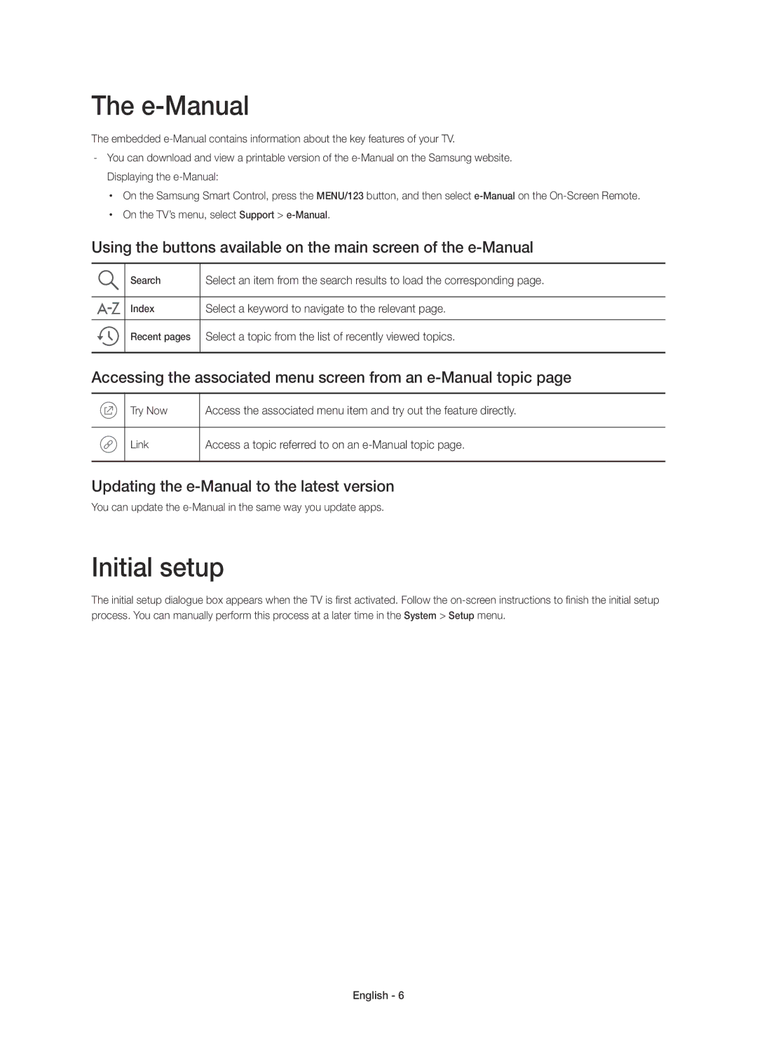 Samsung UE40JU6600UXRU manual E-Manual, Initial setup, Accessing the associated menu screen from an e-Manual topic 